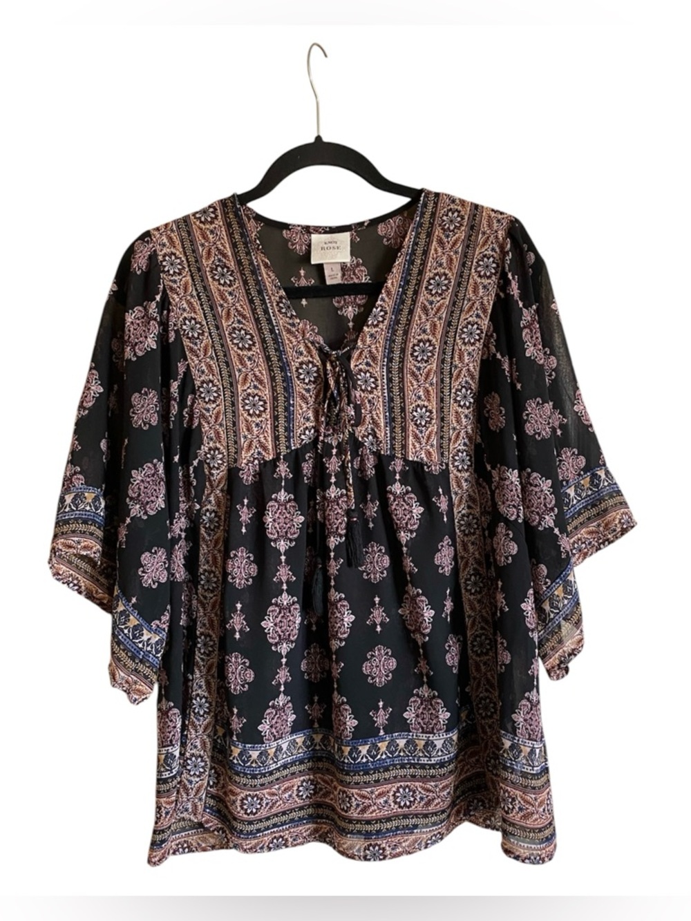Women’s KNOXROSE Boho Tassel Flowy Blouse Top Size L